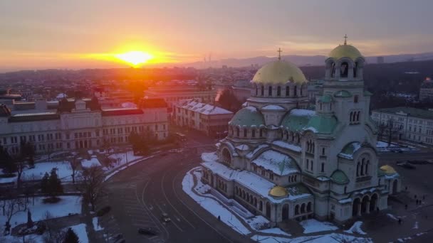 Sonnenaufgang Sofia Bulgarien Alexander Newski Blick Von Der Drohne — Stockvideo