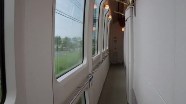 Japanese Luxury Train Interior Walking Train Passes Rural Countryside — Video Stock