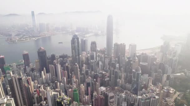Вид Воздуха Небоскребы Гавани Виктория Закате Центр Города Гонконге — стоковое видео