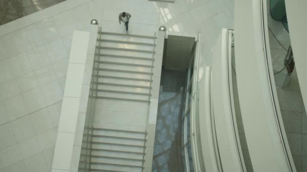 Einzelperson Geht Treppe Modernem Sauberem Gebäude Hinunter Deckenwinkel — Stockvideo