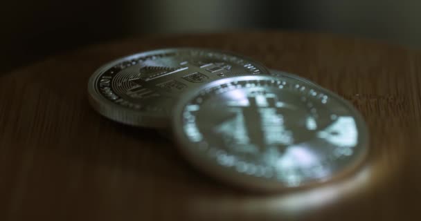 Gold Plated Bitcoin Coins Wooden Table Close Rack Focus — Vídeo de Stock