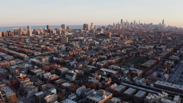 Fixed Aerial View Chicago Skyline North Side Sunset — Video