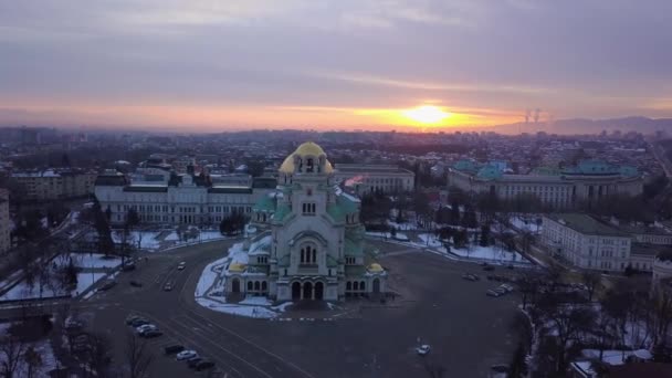 Sunrise Sofia Bulgaria Alexander Nevsky View Drone — ストック動画