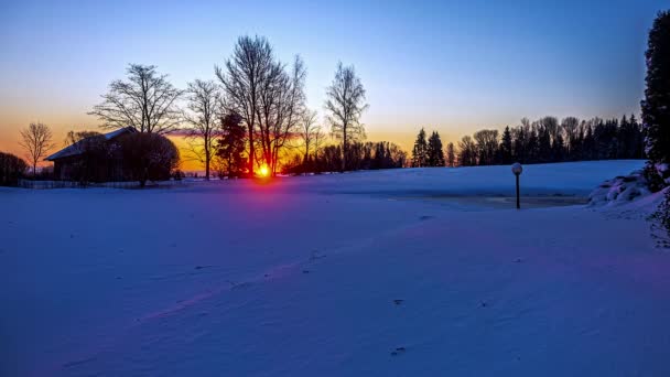 Snow Covered Landscape Winter Countryside Illuminated Sunset Sky Dalam Bahasa — Stok Video