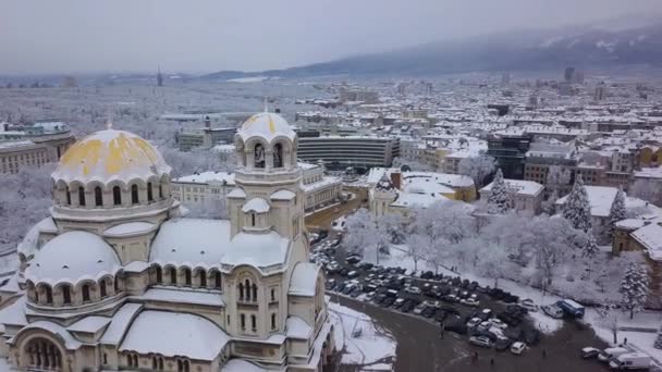 Χειμώνας Στη Σόφια Alexander Nevsky Καθεδρικός Ναός Πυροβολούν Drone — Αρχείο Βίντεο