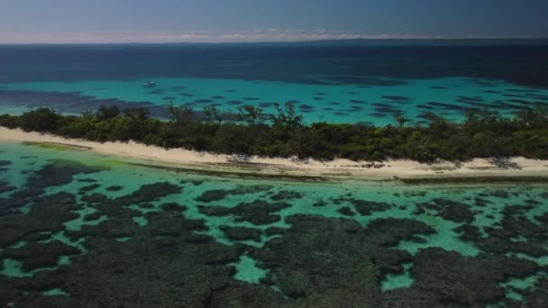 Crescent Shaped Island Pristine Coral Reef New Caledonia Aerial Parallax — Video Stock