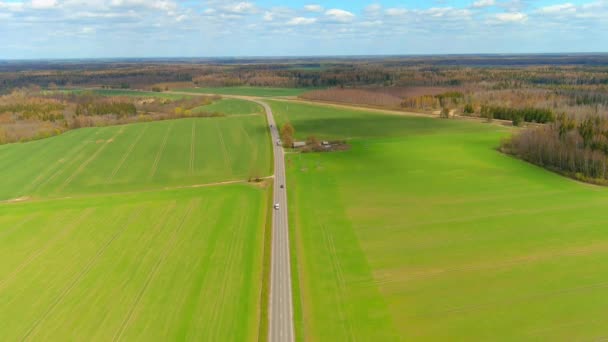 Aerial Drone View Rural Road Cars Moving Right Left Form — Stock Video