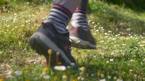 Low Angle Close View Footsteps Two Athletes Running Lush Green — Stockvideo