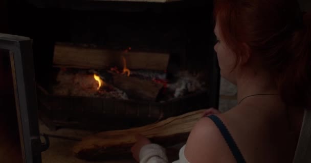 Back View Redhaired Woman Putting Firewood Fireplace Close Gimbal — Stockvideo