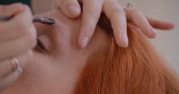 Beautician Hands Brushing Redhead Womans Eyebrow Gimbal Close — 비디오