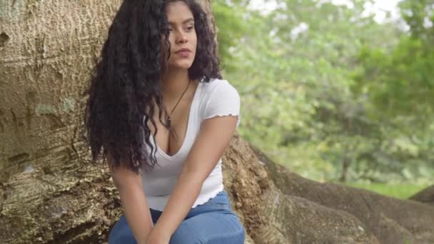 Curly Hair Hispanic Girl Sits Base Large Tree Trunk Sunny — 图库视频影像