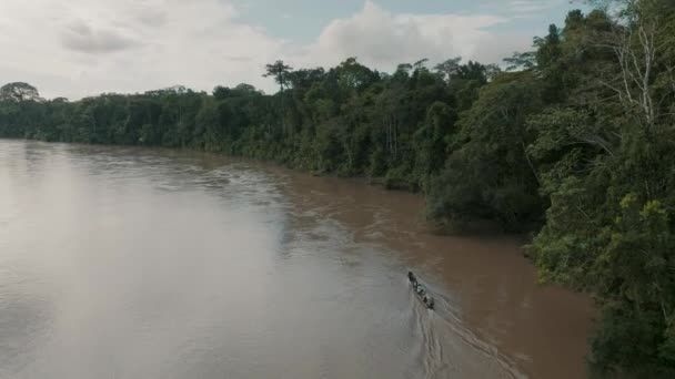 Aerial View Travelling Canoe River Green Jungle Ecuador Drone Shot — Video Stock