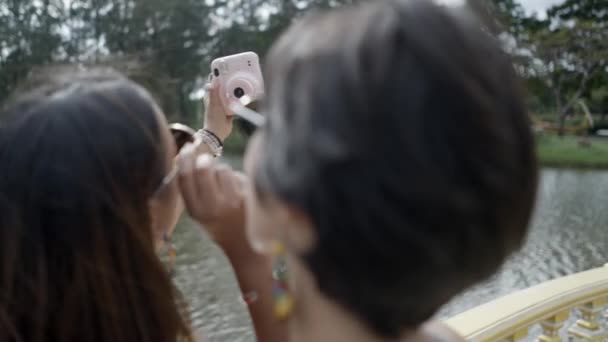 Girlfriends Taking Selfie Instax Camera Ancient City Bangkok Thailand Close — Vídeos de Stock