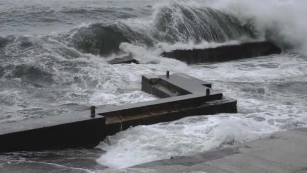 Rough Sea Waves Crash Rocky Dike Storm Slow Motion Handheld — Stock Video