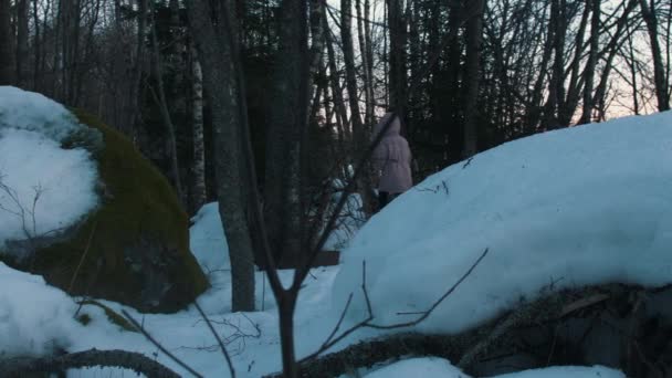 Scary Little Girl Walking Alone Dense Winter Forest Glowing Stick — Wideo stockowe