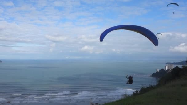 Paraglider Launches Grassy Slope Sunny Seaside Afternoon Shade — Stockvideo