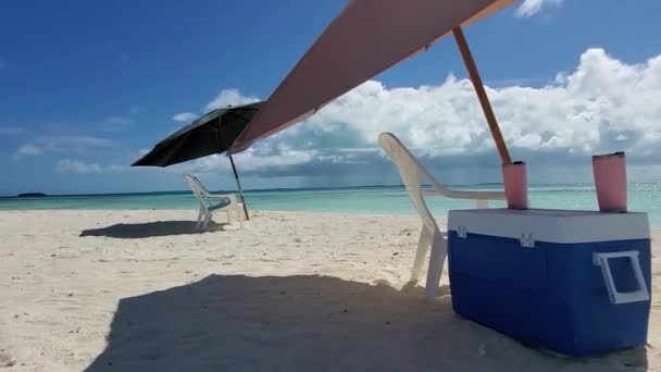 Beach Chairs Cooler Box Mugs White Sand Beach Oceanfront Tropical — Vídeo de Stock