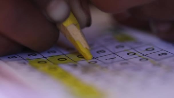 Child Works His School Assignment Using Yellow Pencil Close Hand — Stockvideo