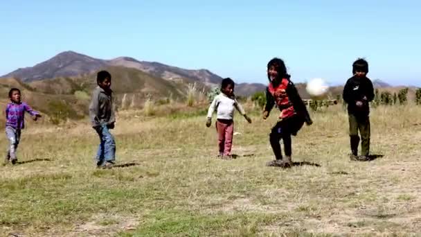 Children Rural Andes Mountains Bolivia Playing Soccer School Yard — стоковое видео