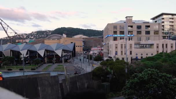 Popular Tourist Landmarks Wharewaka Boat House Papa Museum Vic Background — Vídeo de Stock