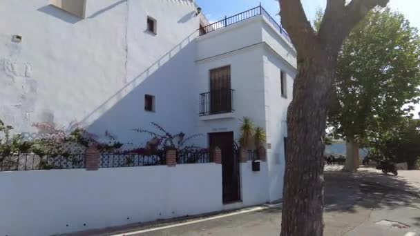 Trabajador Lleva Cubo Plástico Plaza Maro Edificios Tradicionales Piedra Blanca — Vídeo de stock