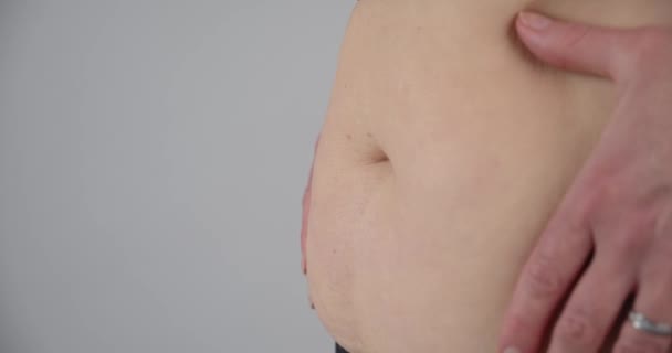 Hands Pinching Belly Excessive Fats Close Cropped Shot — Stok video