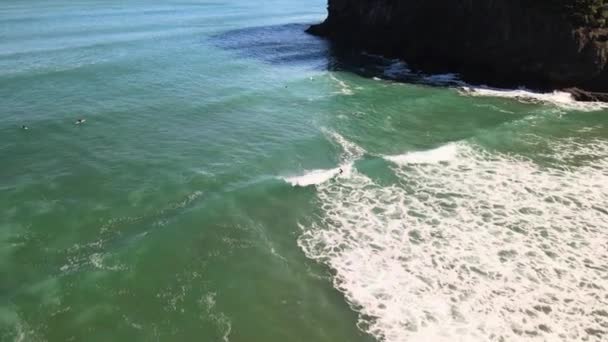 Luchtfoto Van Surfer Paardrijden Rechterhand Breken Piha Zwart Zand Strand — Stockvideo
