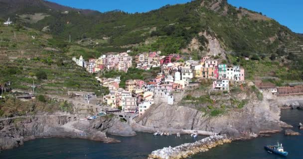 Hermosa Pequeña Ciudad Histórica Manarola Acantilado Rocoso Costa Italiana Destino — Vídeos de Stock