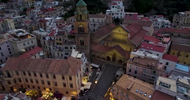 Twilight Drone View Medieval Roman Catholic Amalfi Cathedral Italy — Video Stock