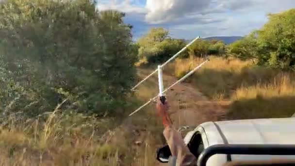 Afrykański Strażnik Śledzący Dziką Faunę Florę Ochrony Wnętrza Pojazdu Safari — Wideo stockowe