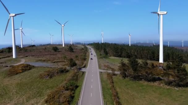 Combustion Cars Circulating Large Wind Farm Wind Turbines Moving Blades — Vídeos de Stock