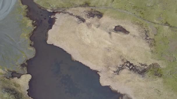 在Eldhraun Lava油田边缘的棕色沉积物充填水塘上空飞行 — 图库视频影像