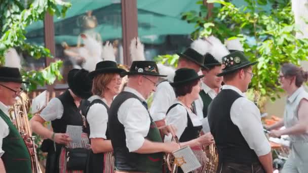 Bavarian Brass Band Traditional Lederhosen Costume Feather Hat Playing Music — Stock Video