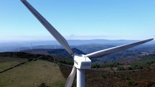 Windmill Turbine Foreground Its Blades Blocked Green Mountains Spring Cattle — Stockvideo
