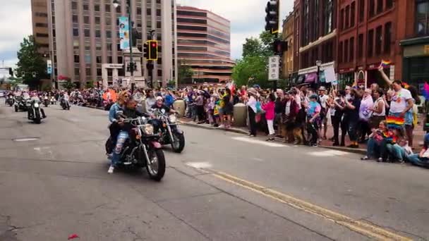 Police Car Leading Women Harley Motorcycles Celebrating Gay Pride Parade — Stockvideo