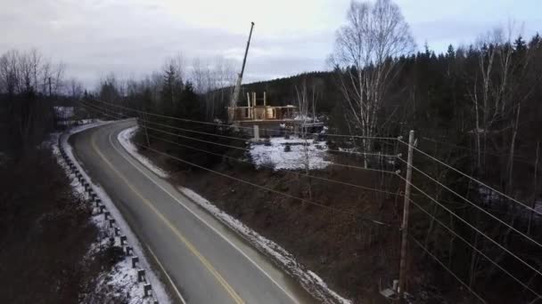 Drone Shot Log Cabin Construction Worksite Canada — Video Stock