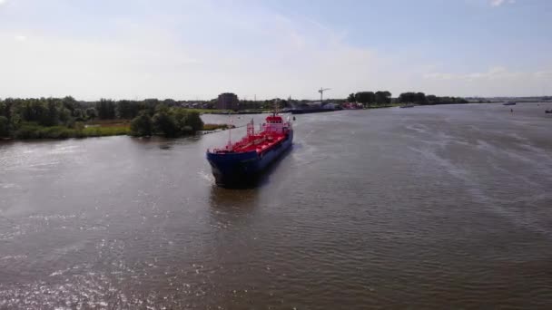 Aerial View Amadeus Titanium Chemical Tanker Approaching Oude Maas Sunny — Vídeo de stock