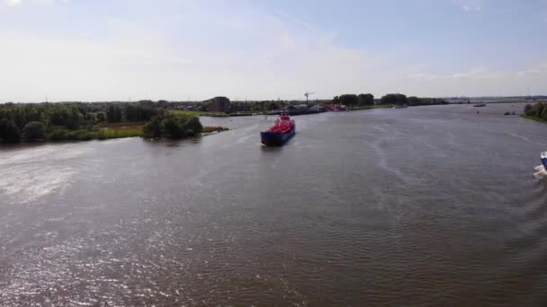 Aerial View Amadeus Titanium Chemical Tanker Approaching Oude Maas Sunny — Vídeo de stock