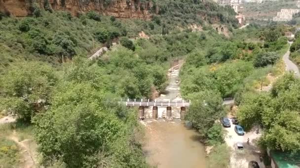 Aerial Skott Fantastisk Green Valley Landskap Zbeideh Historiska Bridge Libanon — Stockvideo