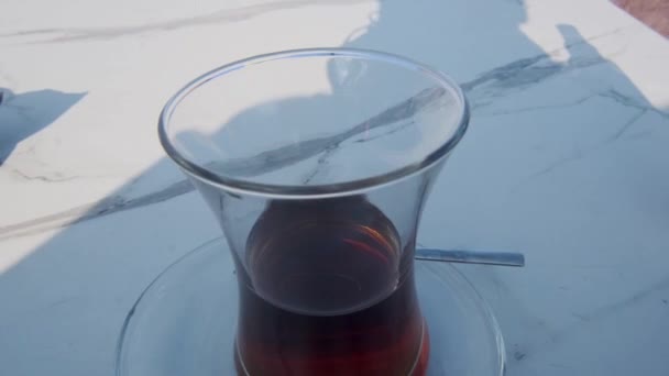 Drinking Cup Turkish Tea Top View Bosphorus Sunny Day Tiled — Stock Video