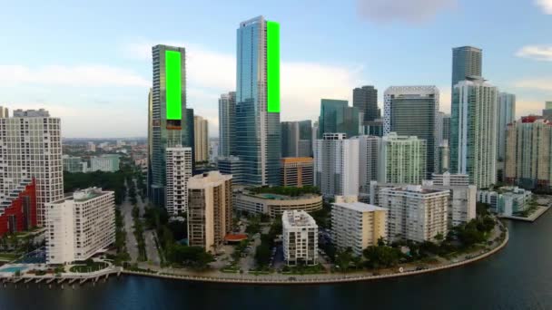 Aerial View Zöld Képernyők Helytartók Épület Falak Brickell Miami Render — Stock videók