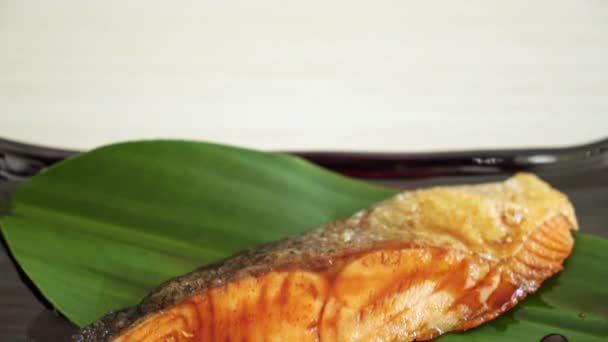 Grilled Salmon Steak Soy Sauce Plate Japanese Food Style — стокове відео