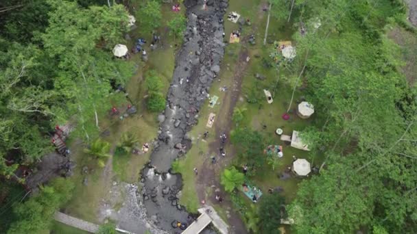 Plan Supérieur Touristes Baignant Dans Ruisseau Rocheux Entouré Une Végétation — Video