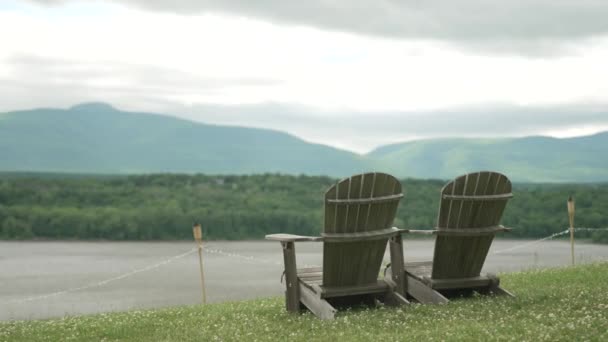 Pair Wooden Lounge Chairs Overlooking River Mountains Trees — Stock Video