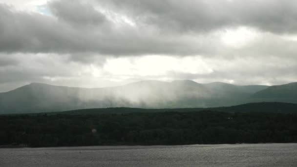 Stormy Misty Rainstorm Mountains Overlooking River Water — Stockvideo