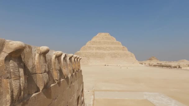 远处萨卡拉的蛇雕刻石像上有阶梯金字塔的景象 — 图库视频影像