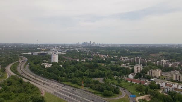 Southbound Aerial Approach Cityscape Frankfurt Germany Wide Angle View Busy — Stock Video