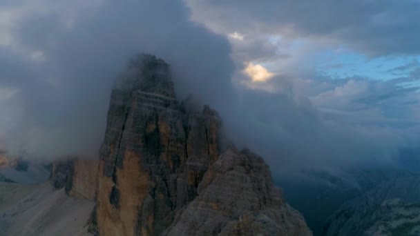 Aerial View Clouds Covering Tre Cime Mountain Peak South Tyrol — Video Stock