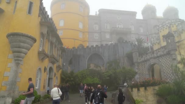 Guy Está Tomando Fotos Chicas Jóvenes Portuguesas Frente Castillo Pena — Vídeo de stock