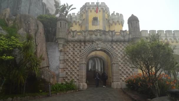 Extremadamente Hermosa Puerta Entrada Castillo Pena Cubierta Niebla Niebla — Vídeo de stock